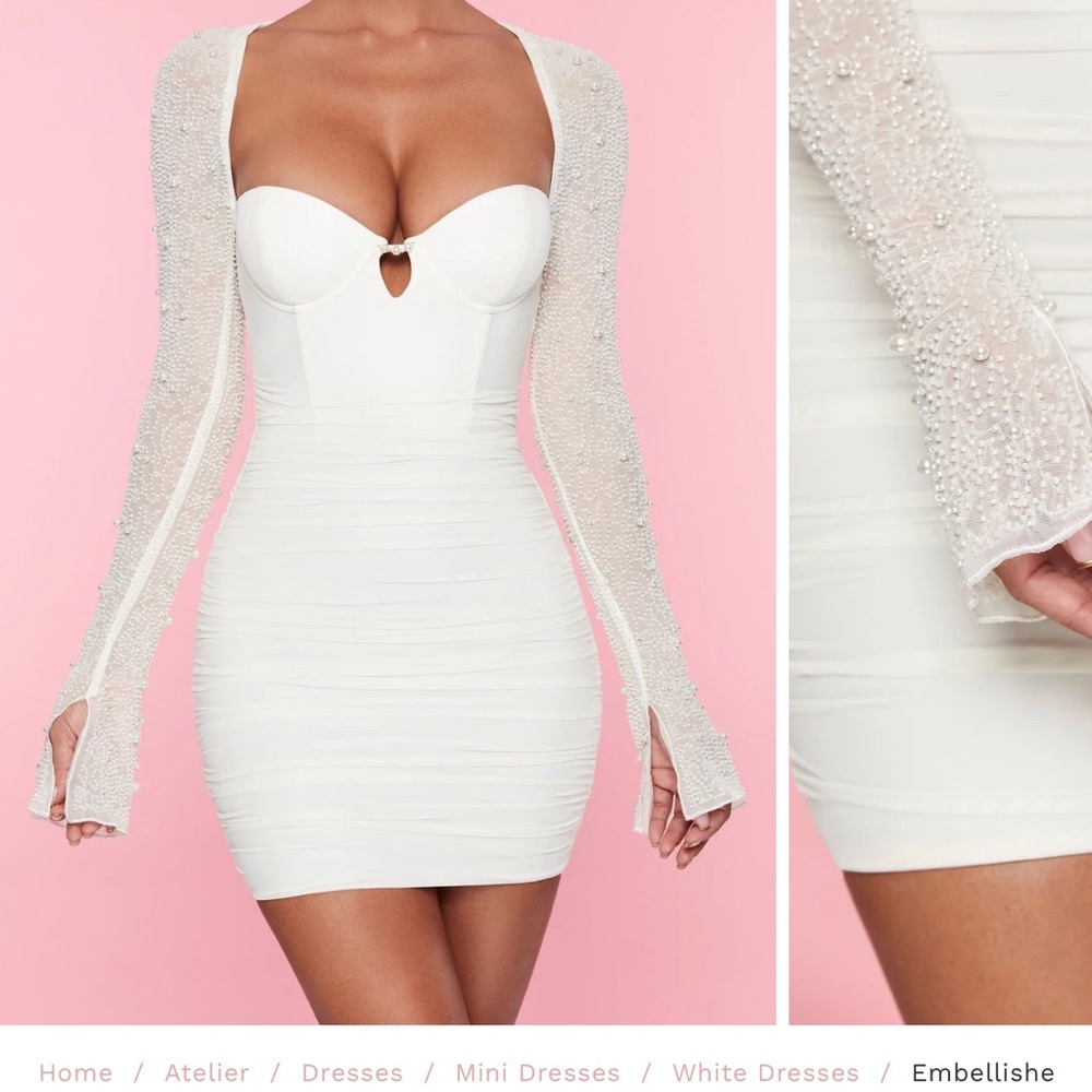 White Mini Dress with Sheer Sleeves and pearls